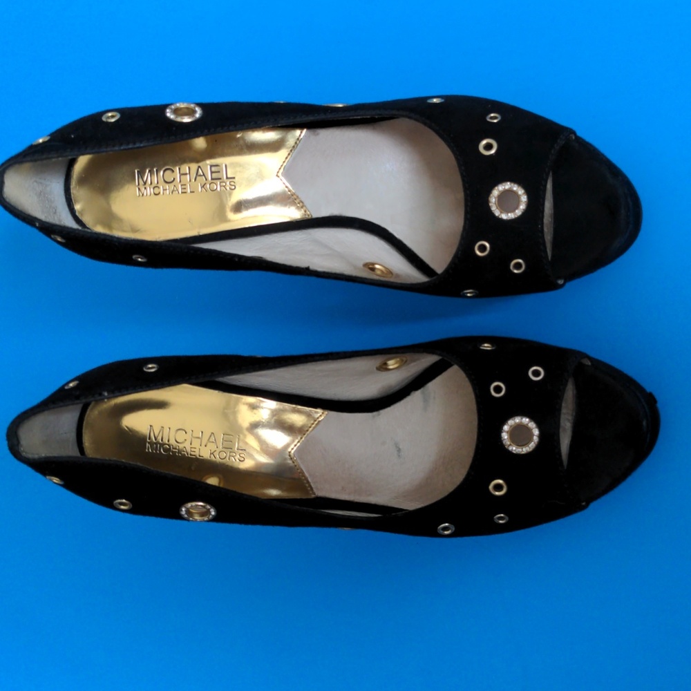 Micheal Kors peep toe platforms suede pumps with rhinestones